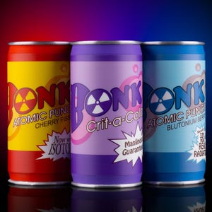 May include: Three colorful soda cans with the word "BONK" in a bubble font. The cans are red, purple, and blue, with the flavors "Atomic Punch Cherry Fizz", "Crit-a-Cola", and "Atomic Punch Blutonium Berry".