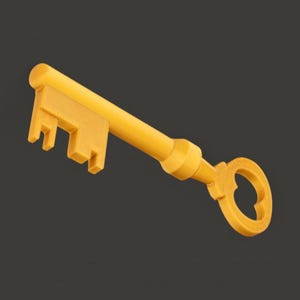 May include: A solid yellow key with a smooth, matte finish. The key features a cylindrical shaft, a rounded bow with a central opening, and a distinct bit with three rectangular teeth of varying lengths extending from the end of the key blade.