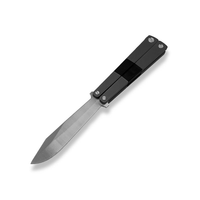 TF2 Spy Butterfly Knife replica shown closed with black textured handle and silver blade tip exposed, Team Fortress 2 default balisong cosplay prop
