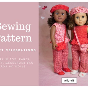 Schößchen Top, Hose, Umhängetasche und Baskenmütze Schnittmuster für 18" Puppen wie American Girl® & Maplelea®. Süße Feiern Kollektion.