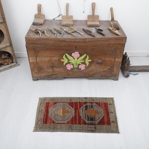 Handmade Oushak Mini Rug: 1x3 Vintage Turkish Door Mat