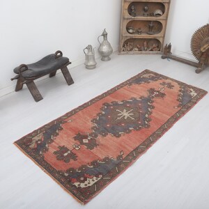 Handmade Wool Oushak Runner Rug: 3x7 Vintage Turkish Rug