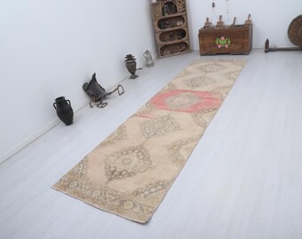 Vintage Oushak Runner Rug, 3x12, Wool Cotton Turkish Rug