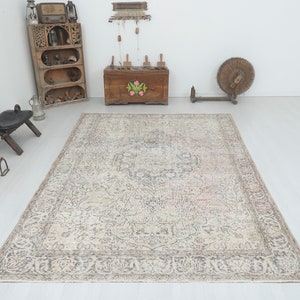 May include: A vintage-style rug with a cream background and a faded floral pattern in shades of gray, pink, and brown. The rug has a decorative border.