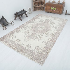 5x9 Handknotted Turkish Oushak Rug: Beige Vintage Wool Rug