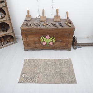 2x3 Vintage Turkish Wool Mini Rug: Anatolian Oushak Small Rug