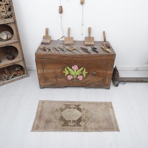 Turkish Mini Rug, Turkish Rug, Vintage Mini Rug, Wool Rug, Oushak Door Mat, 1x3 Anatolian Rug, 1x3 Door Mat Rug, Door Mat, 1x3 Mini Rug,1125
