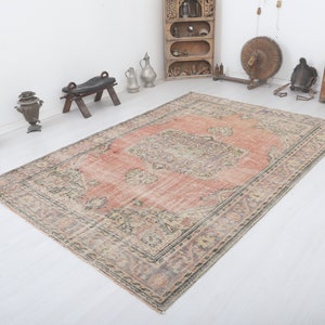 7x10 Vintage Oushak Turkish Rug: Faded Pastel Anatolian Wool Rug