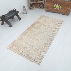 Vintage Turkish Oushak Rug: 3x7 Small Anatolian Area Rug