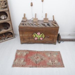 2 x 4, paillasson Oushak, tapis de bain, tapis en laine, mini tapis turc, paillasson vintage, petit tapis 2 x 4, tapis d'Anatolie, mini tapis, paillasson, 1370