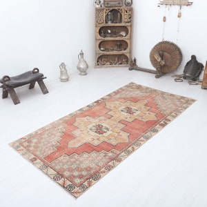 Vintage Turkish Wool Rug 4x8: Neutral Faded Anatolian Rug