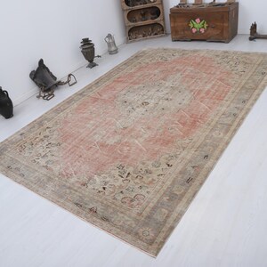7x10 Vintage Oushak Rug, Pastel Turkish Wool Anatolian Carpet