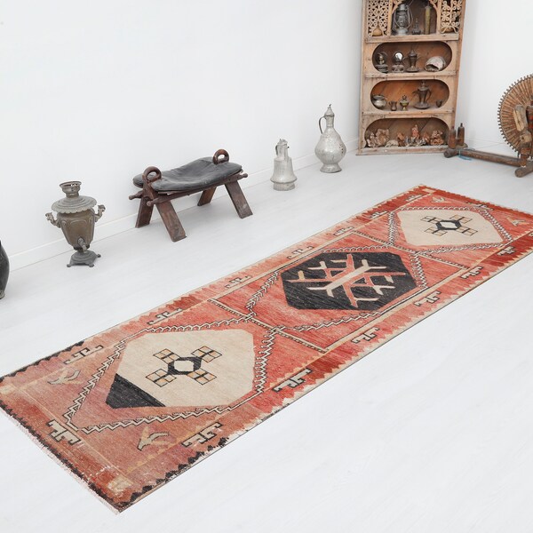 Anatolian Runner, Handwoven Rug,Handmade Runner,4x10 Oushak Runner,Turkish Runner,Vintage Runner, Runner Rug,Neutral Runner,Wool Runner,4209