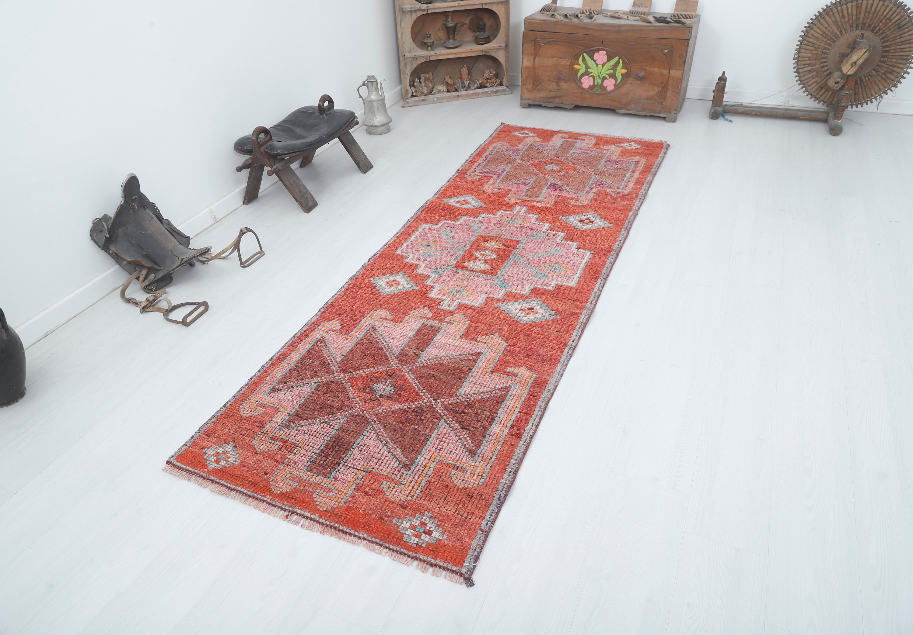 ランナーラグ　ヴィンテージラグ　トルコラグ ヴィンテージラグトルコラグ リーフ柄・オレンジランナーラグ