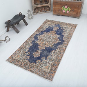 Vintage Turkish Oushak Rug: 3x7 Small Anatolian Area Rug