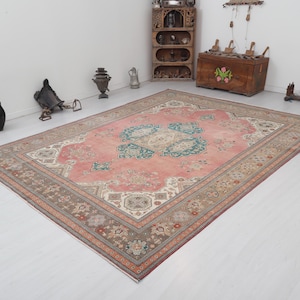 Handmade Oushak Rug: 8x11 Vintage Turkish Wool Bohemian Rug