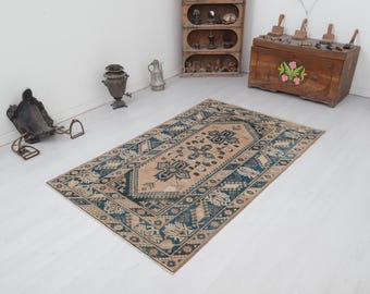 Vintage Oushak Rug 4x6: Handmade Wool Turkish Rug