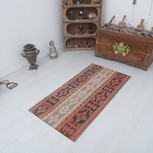 Small Vintage Turkish Oushak Rug: 2x5 Cotton Wool Anatolian Rug