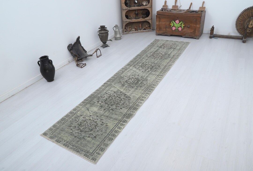 3x11 Vintage Turkish Oushak Runner Rug: Handmade Corridor Carpet