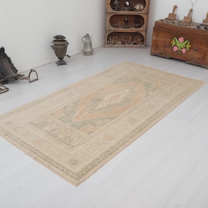 Handmade Wool Oushak Rug 4x8: Vintage Turkish Anatolian Rug