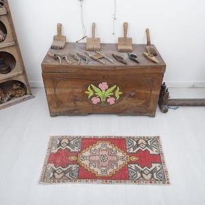 Vintage Turkish Doormat Rug: 1x3 Small Cotton Wool Entryway Rug