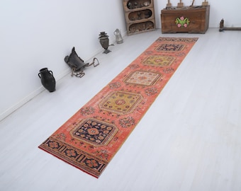 Tapete turco vintage Oushak, tapete de lã e algodão para corredor (3 x 12 pés)