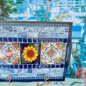 Mosaic Serving Tray: Mexican Talavera, Stained Glass, Handmade Display - 14.5x11 inches