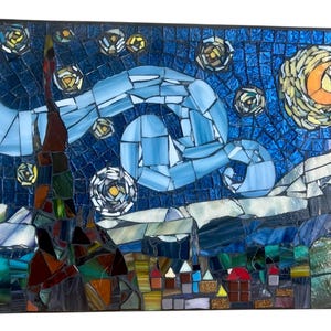 Mosaic Art Representation of Van Goghs Starry Night, Landscape Wall Decor, 16x12 inches, Bright Stained Glass Tiles, Handmade, Great Gift