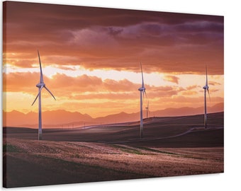 Impresión en lienzo de molino de viento al atardecer / Arte mural de energía verde