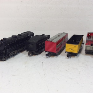 Conjunto de trem de brinquedo de lata MARX 999, motor a vapor com 3 vagões de carga, escala 0
