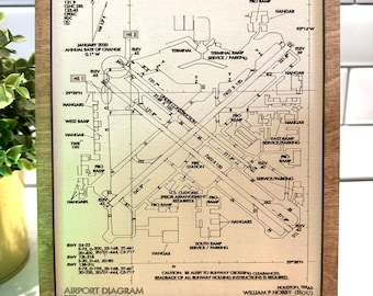 May include: A framed wooden plaque featuring a detailed black-ink airport diagram of William P. Hobby Airport in Houston, Texas. The print displays runways, taxiways, terminal locations, and technical aviation data including frequencies and elevations.