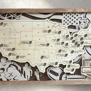 May include: A wooden map of the United States with a cutout of each NFL stadium location. The map is framed in a brown wood frame. The text "NFL Football Stadiums" is visible in the lower right corner.