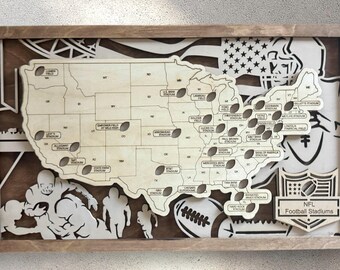 Wood Football Stadium Travel Map, Laser Engraved NFL Stadiums (11x17)