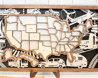 Wooden US Travel Map, Family Road Trip Tracker, Home Decor