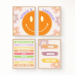 Peut inclure: Quatre affiches imprimables avec une esthétique rétro des années 70. Les affiches présentent un visage souriant avec les mots "Speech & Language" et "Your Words Matter". Les deux autres affiches listent les composantes de la parole et du langage, notamment l'articulation, la fluidité, l'expressivité, la réception, l'AAC, la voix, la déglutition, l'audition et la communication sociale.