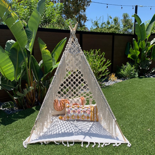 Large Macrame TeePee / Tent.  Indoor or Outdoor play or photoshoot.  68" poles stands 59" tall.