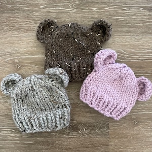 Fuzzy Baby Bear Hat – Hand-Knit Infant Beanie with Ears, Newborn Photo Prop, Baby Shower Gift