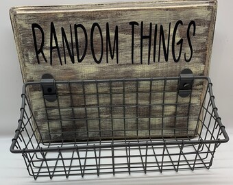 Wood sign with attached wire basket for organizing