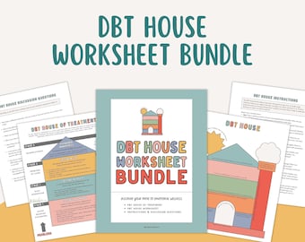 Puede incluir: Un paquete de hojas de trabajo imprimibles DBT House con cuatro páginas, que incluye una hoja de trabajo DBT House of Treatment, una hoja de trabajo DBT House, instrucciones y preguntas de discusión. Las hojas de trabajo presentan una ilustración colorida de una casa con una chimenea y una nube.