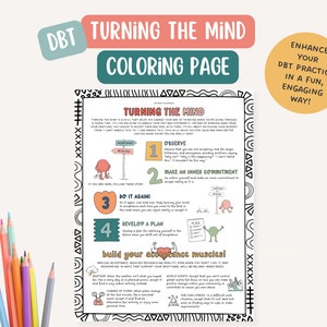 DBT Turning The Mind, therapist office, mental health coloring page, BPD, mindfulness, therapy tools, positive affirmation