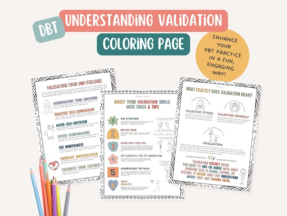 DBT validation skills, therapist office, mental health coloring page, BPD, mindfulness, therapy tools, positive affirmation