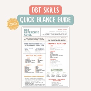 May include: A printable DBT skills quick glance guide with a pink and white colour scheme. The guide includes sections on Wise Mind, Emotional Regulation, Distress Tolerance, Core Mindfulness Skills, Interpersonal Effectiveness, and Decrease Emotional Suffering.