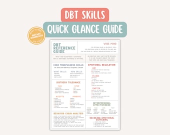May include: A printable DBT skills quick glance guide with a pink and white color scheme. The guide includes sections on Wise Mind, Emotional Regulation, Distress Tolerance, Core Mindfulness Skills, Interpersonal Effectiveness, and Decrease Emotional Suffering.