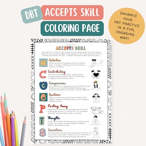DBT ACCEPTS Skill, therapist office, mental health coloring page, BPD, mindfulness, therapy tools, positive affirmation