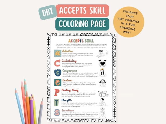 DBT ACCEPTS Skill, therapist office, mental health coloring page, BPD, mindfulness, therapy tools, positive affirmation
