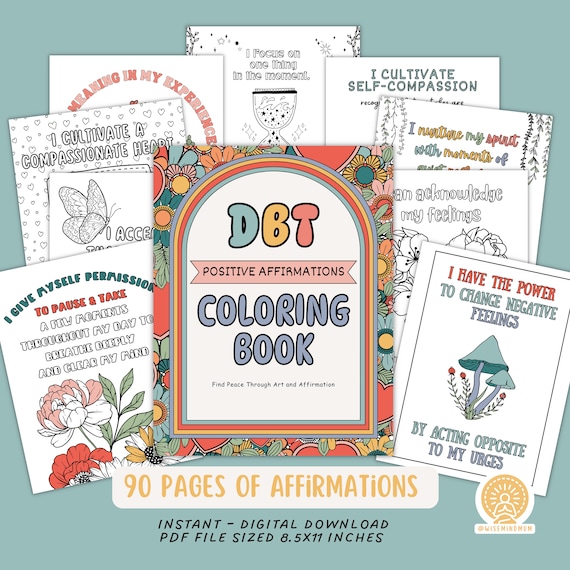 DBT Therapy Positive Affirmation Coloring Book - Printable Digital Download for Mindfulness Emotional Regulation Self-Esteem Stress Relief