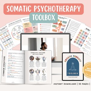 May include: A digital product titled "Somatic Psychotherapy Toolbox" with a blue background and a stylized image of a person sitting in a meditative pose. The product is available for instant download and includes 33 pages of PDF content.