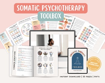 May include: A digital product titled "Somatic Psychotherapy Toolbox" with a blue background and a stylized image of a person sitting in a meditative pose. The product is available for instant download and includes 33 pages of PDF content.