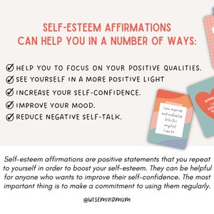 K&ouml;nnte beinhalten: Bild von Selbstwert-Affirmationskarten mit Text: "Selbstwert-Affirmationen k&ouml;nnen Ihnen auf verschiedene Weise helfen." Die Karten enthalten Affirmationen wie "Ich bin meiner eigenen Liebe w&uuml;rdig." und "Ich bin inspiriert und motiviert."