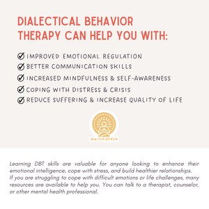 May include: A graphic with a list of benefits of Dialectical Behavior Therapy (DBT). The list includes improved emotional regulation, better communication skills, increased mindfulness and self-awareness, coping with distress and crisis, and reducing suffering and increasing quality of life. The graphic also includes a logo with a stylized person meditating.